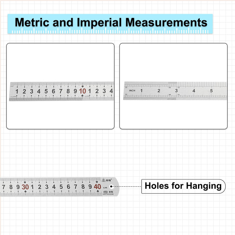 PATIKIL 40cm/16" Metal Straight Ruler, 3Pcs Stainless Steel Ruler Etching Process Inch Millimeter Graduations for Measuring Engineer Construction 43 x 2.9cm / 16.93 x 1.14"