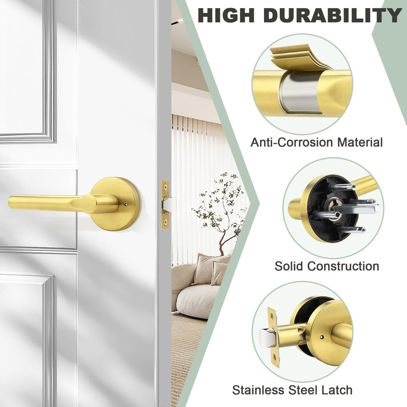 knobelite Gold Privacy Door Handles Interior Keyless Door Lever,Left & Right Hand use Door Lock for Bath and Bed,Modern Stainless Steel Privacy Door Lock,2Pack 2
