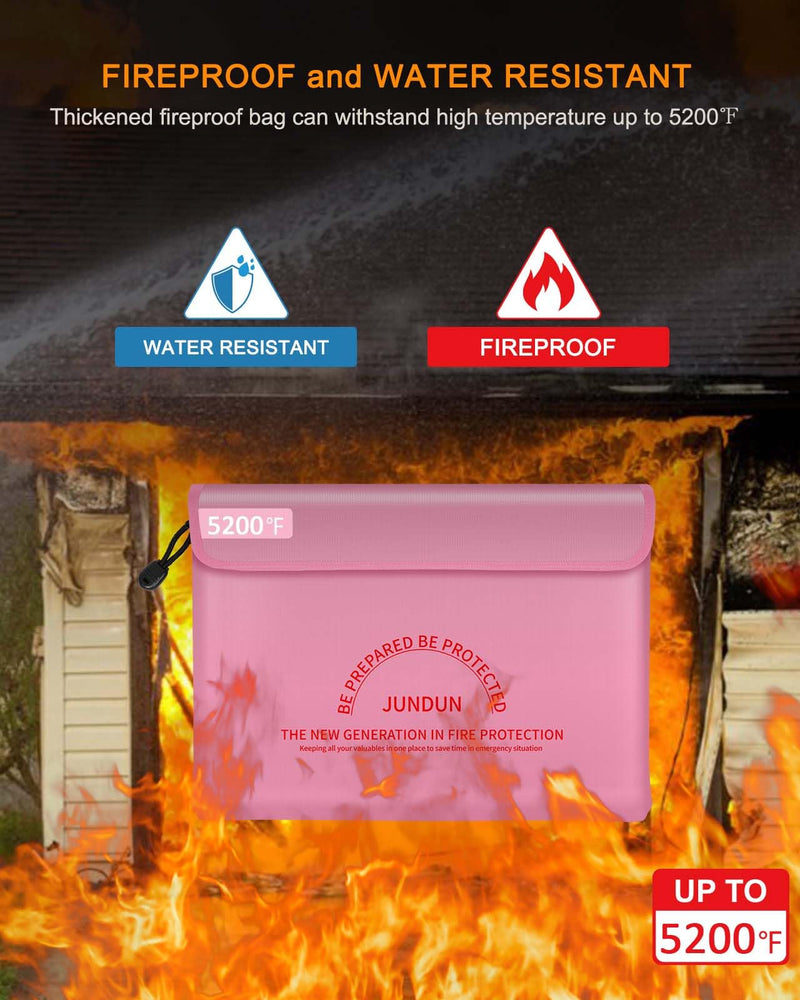 JUNDUN Fireproof Document Bag with 5200℉ Heat Insulated,14.0”x10.4” Waterproof and Fireproof Money Bag,8 Layers Thickened Fire Safe Storage Bag Pouch with Zipper for Document,Money and Cash,Pink Pink Large
