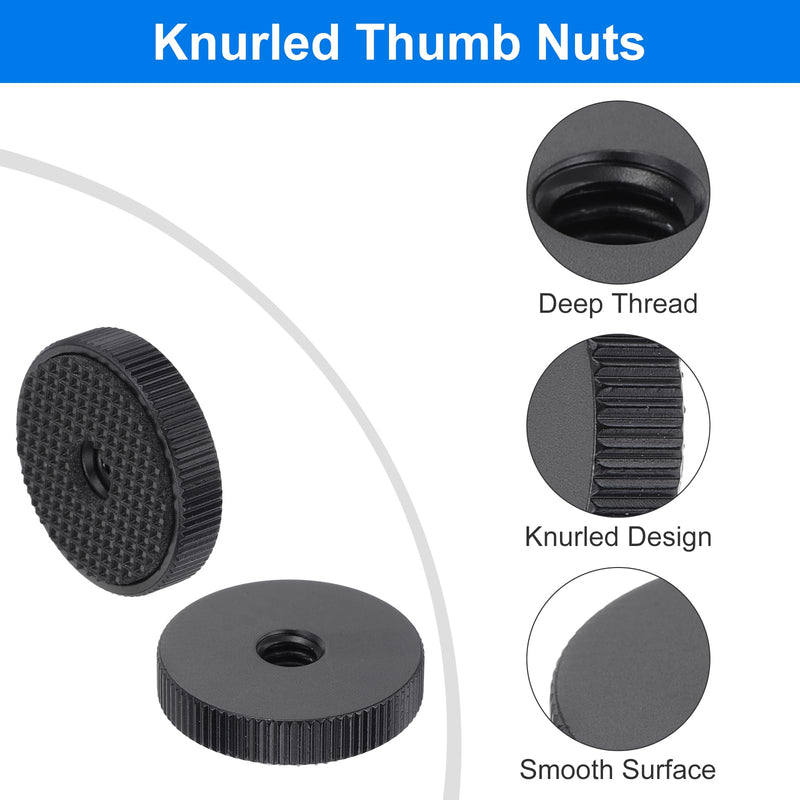 uxcell 4Pcs Flat Knurled Nut - 1/4"-20 x 1" x 0.26" Thumb Nuts Lock Adjusting Nuts, Aluminum Alloy Female Thumb Wheel Lock Nut, Black 4