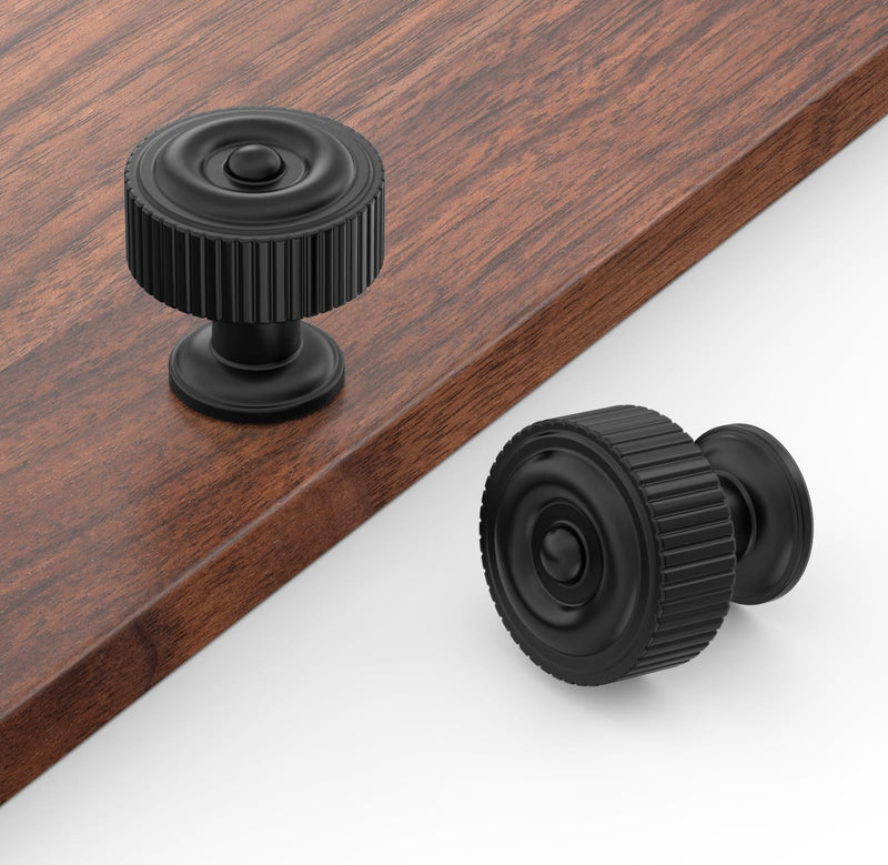 FILTA 10 Pack Matte Black Cabinet Knobs - Ribbed Design Zinc Alloy Dresser Drawer Cabinets Hardware for Furniture Kitchen Bathroom Single Hole Knob