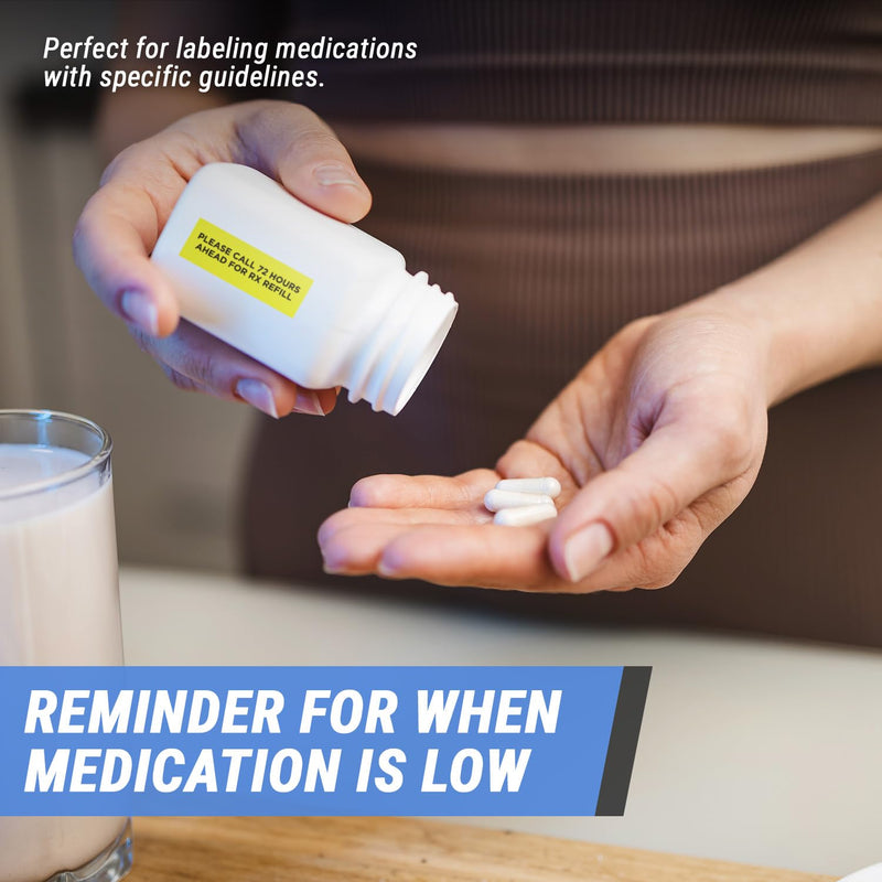 Please Call 72 Hours Ahead for Rx Refill Medicine Stickers - 3.75 x 1.25 Inch, Yellow, 2 Pack - Medication Instructions (600 Labels) 600 Count