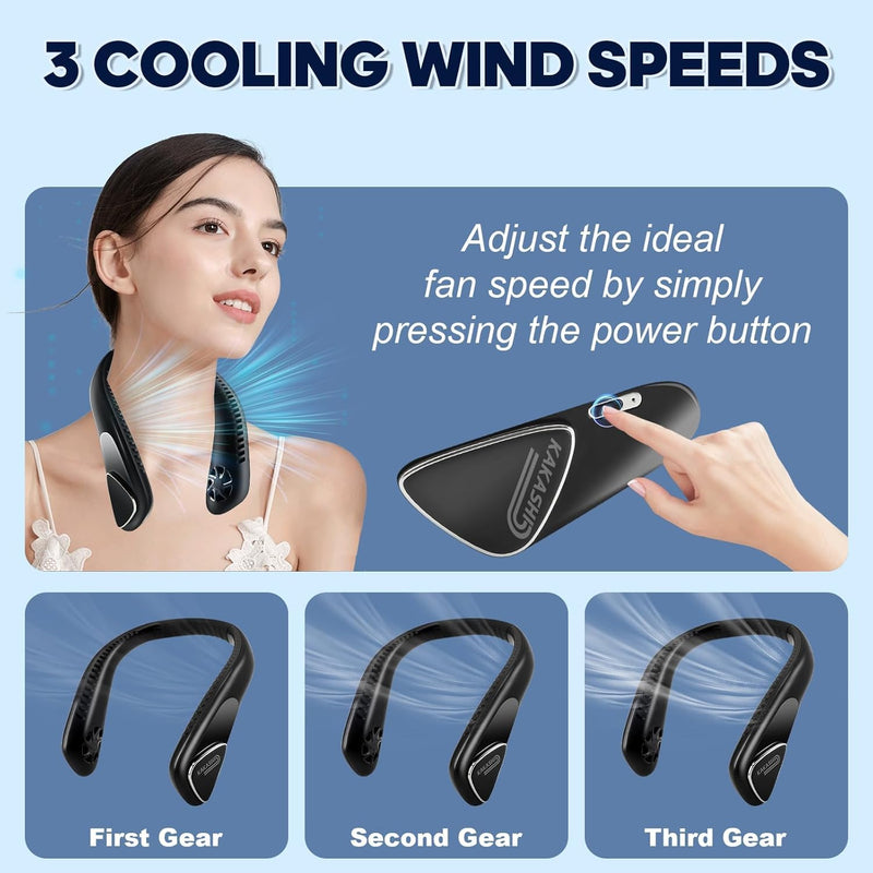 Kakashi 6000mAh Portable Neck Fan Rechargeable, Bladeless Operated Wearable Personal Fan with 3 Speeds, 360°Cooling Leafless Hanging Neck Fan Blow Cold Air for Travel Outdoor Neck Fan-6000mAh Modern Black