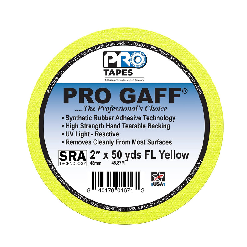 2" Width ProTapes Pro Gaff Premium Matte Cloth Gaffer's Tape With Rubber Adhesive, 50 yds Length x, Fluorescent Yellow (Pack of 1)