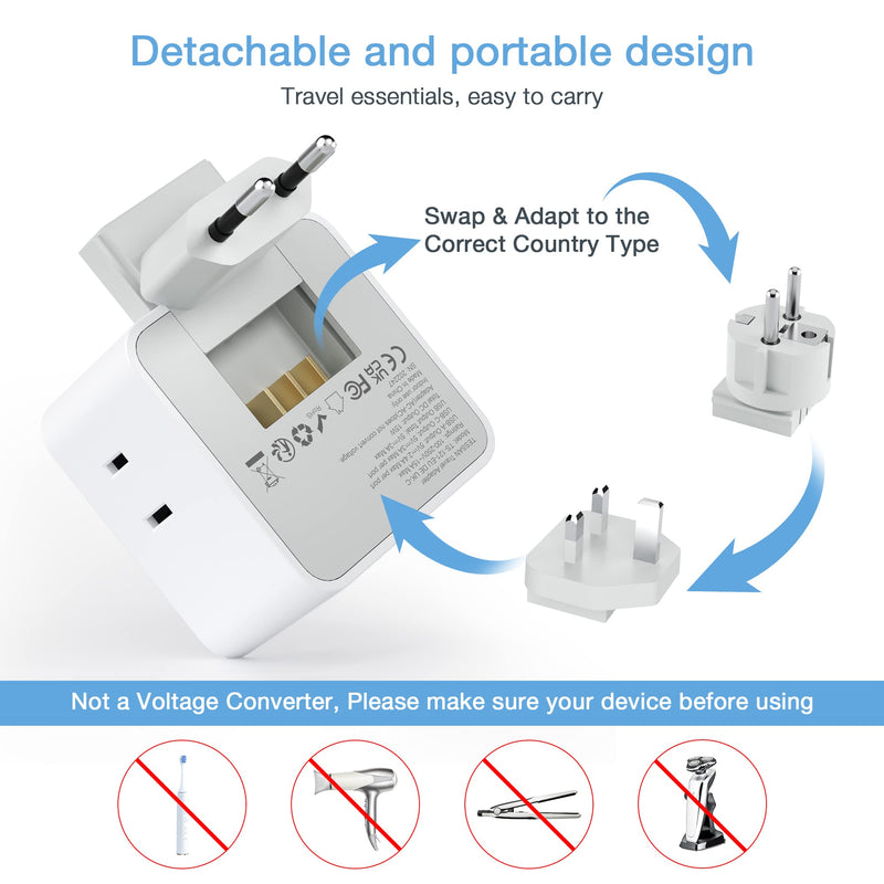 TESSAN All European UK Travel Plug Adapter Kit, International Detachable Converter with 3 Outlet 3 USB Charger (1 USB C), Type C/G/E/F EU Ireland Power Adaptor, US to Europe Italy Spain France Greece White/Grey