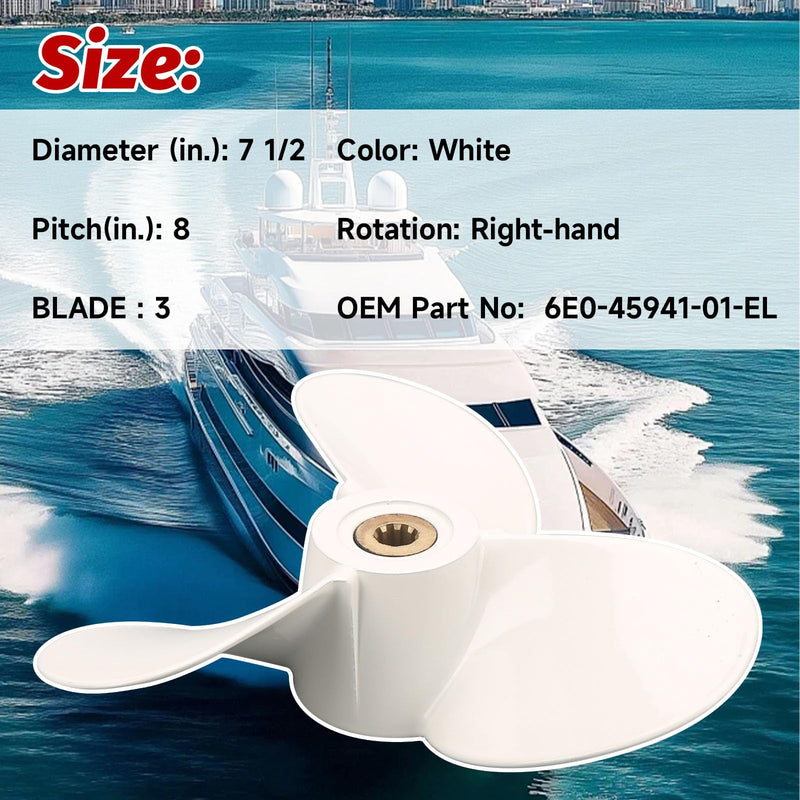 7 1/2 x 8-BA Boat Outboard Propeller Compatible with Yamaha Engines 4HP 5HP 6HP 4A 4M 5M 5C F4 F6L F6S F5A F6C 3 Blades/9 Spline Tooth Replace# 6E0-45941-01-EL