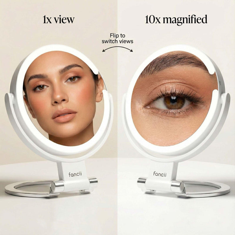 Fancii Travel Magnifying Mirror 10x /1x with Lights, Rechargeable | 9-Inch Extra Large LED Lighted Makeup Mirror, Folding Double Sided Portable Vanity Mirror, 3 Light Settings, Touch Sensor (Sadie)