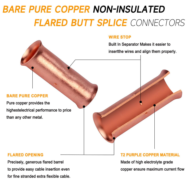 SVAAR 4 Gauge Butt Splice Connectors 20 PCS 4 AWG Non-Insulated Butt Connectors,Bare Pure Copper Butt Splice Wire Connector,Heavy Duty Uninsulated Crimp Butt Terminals + 20 PCS 3:1 Heat Shrink Tube 4 Gauge (4 AWG)