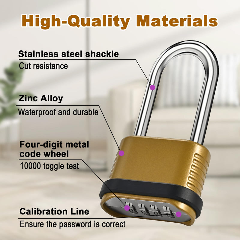 4 Digit Heavy Duty Combination Lock - 105mm Long Shackle Weatherproof Combination Padlock, Outdoor Combo Lock for Storage Units, Gym Lockers, Fence Gates & Shed Doors - Golden (2pcs, Long Shackle) 2pcs Long Shackle