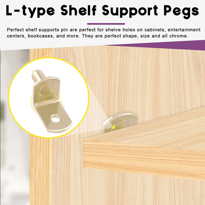 Swpeet 60 Pcs L-Shelf Pins, 6mm Gold Support Pegs with Hole, Plated Steel Shelf Holder Pins Bracket Cabinet Clips Holder for Shelf Holes on Bookcase, Cabinets and Entertainment Centers Cylindrical