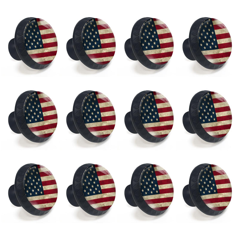 12 Pack Rustic American Flag Cabinet Knobs for Kitchen Bathroom | Patriotic Drawer Pulls Round Black Dresser Handles Hardware for Desk Cupboard Wardrobe Closet Vanity Door Decor 12PCS - 1.37"L x 1.1"W