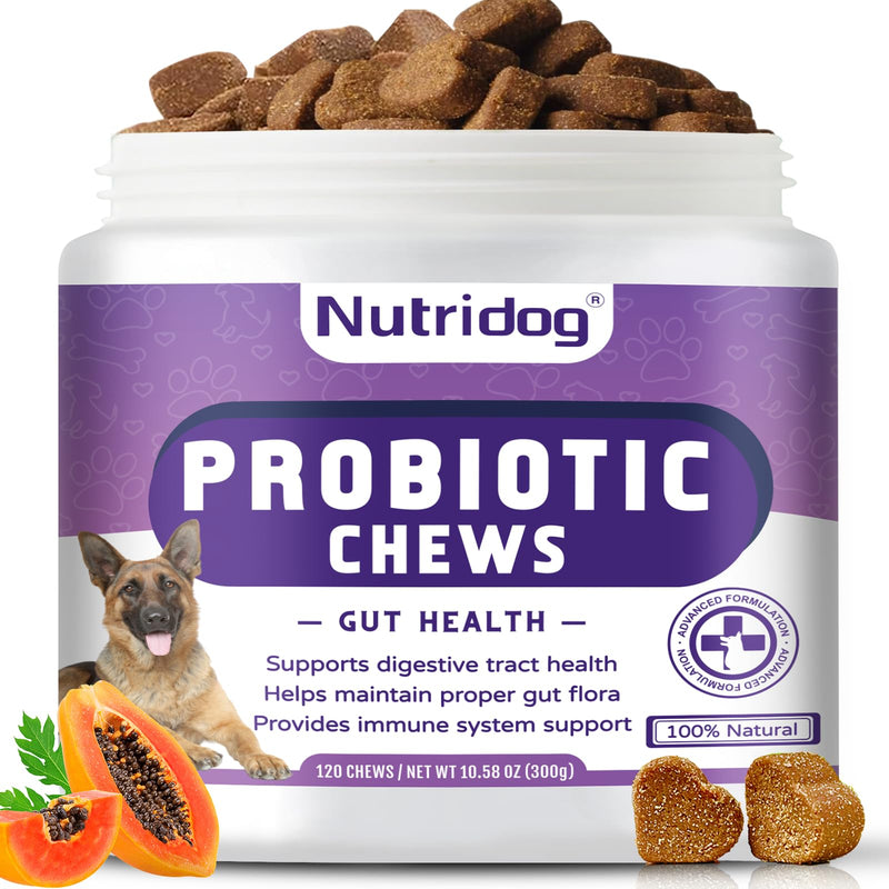 Dog Probiotic Chews 120 Count – 6 Billion CFU, 6 Strains + EpiCor Postbiotics & Pumpkin Fiber for Gut Health, Allergy & Yeast Support, Immune Boost, Duck Flavor, All Breeds
