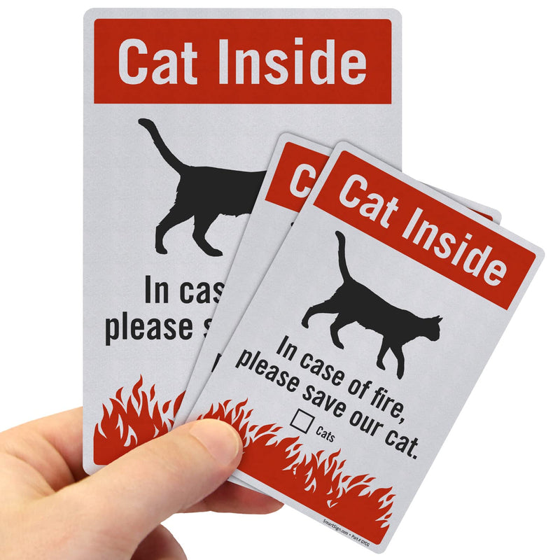SmartSign (Pack of 3) “Cat Inside - in Case of Fire Please Save Our Cat” Pet Rescue Label Set, One 3.75“x5.5“ & Two 2.75“x4“ - Engineer Grade Reflective Decals, Red, Black and White, Made in USA 3 Pack 3.75" X 5.5" and 2.75" X 4" Label Set