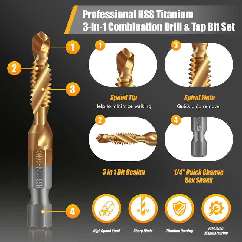 Junreox 6 Pack Combination Drill and Tap Set, Professional HSS Titanium Thread Tap Drill Bit Set in SAE 6-32nc 8-32nc 10-32nc 10-24nc 12-24nc 1/4-20nc, Quick Change Screw Tapping with 1/4” Hex Shank