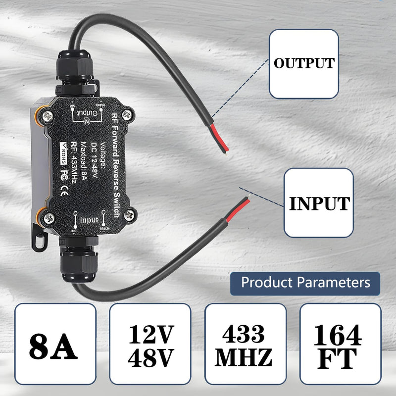 Forward Reverse Remote Control Switch,DC12V-48V-8A Wireless Relay,164FT Range Waterproof Wireless Switch for Linear Actuator,Winch,Motor,Solenoid Contactor DC 12V-48V DC forward and reverse switch
