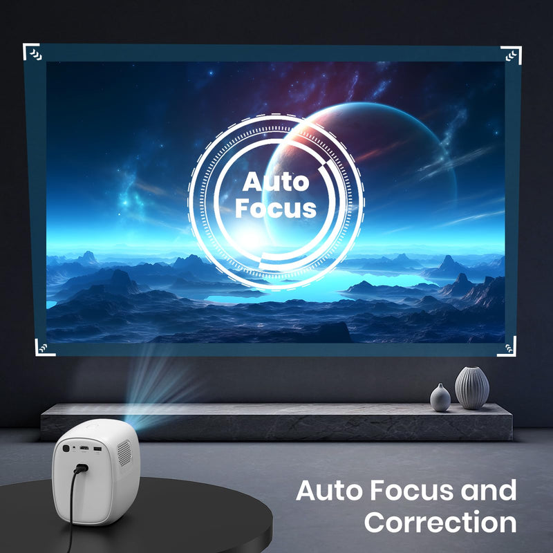 [AI Auto Focus/Built in apps] Mini Projector with WiFi 6 and Bluetooth 5.2 Auto Correction 1080P 4K Support & Android TV OS, Built in High-end speakers, Portable Projector Home Outdoor, White