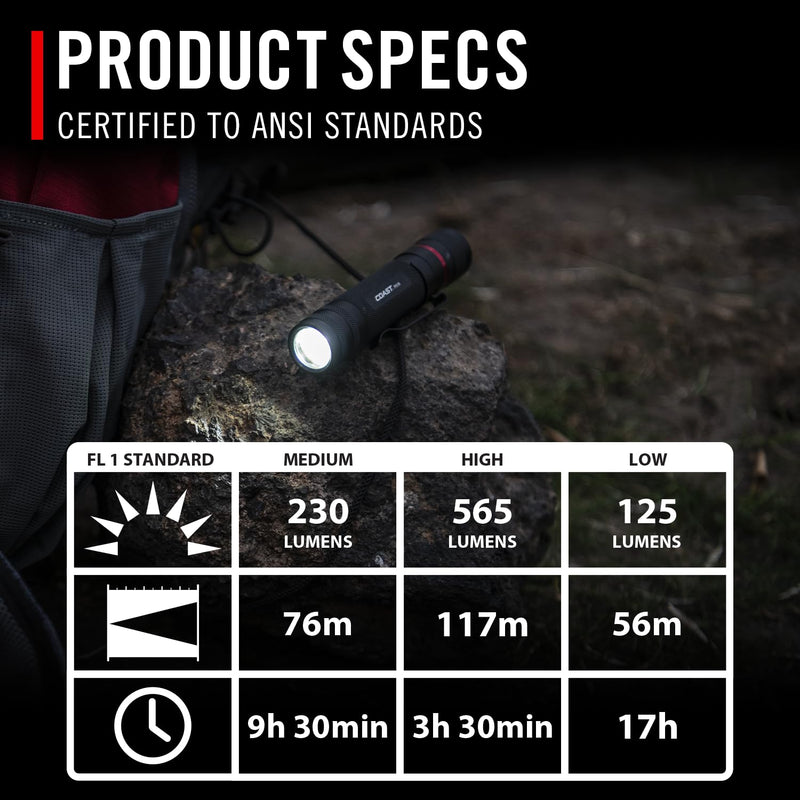 Coast PX1 565 Lumen Pure Beam Focusing LED Flashlight with Twist Focus and Adjustable Pocket Clip