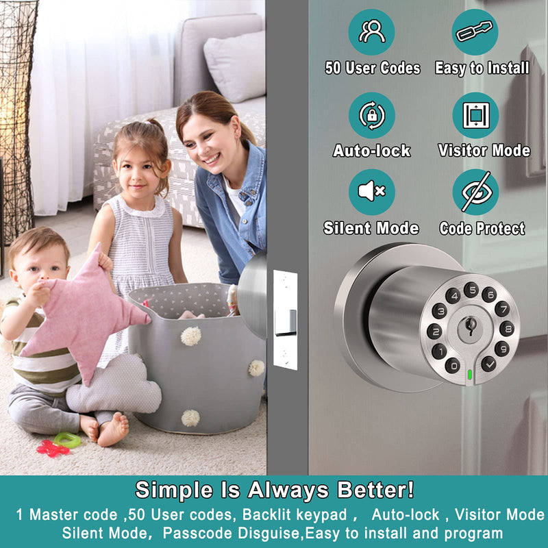Keypad Door Knob with Key,Keyless Entry Door Lock, Code Locks Door Knob, Auto Lock,50 User Code,Easy to Install,for Home,Office,Hotel,Bedroom,Garage,No Deadbolt Satin Nickel