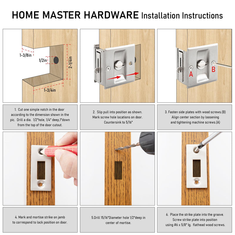HOME MASTER HARDWARE Privacy Pocket Door Lock Hardware with Pull Replace Old Sliding Door Locks/Solid Brass Pocket Door Privacy Lock 2-3/4”x2-1/2”, for 1-3/8” Thickness Door, Brushed Nickel -1 Pack 2-3/4”x2-1/2” Brushed Nickel--1PACK