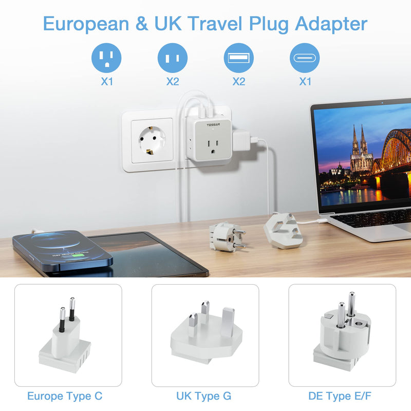 TESSAN All European UK Travel Plug Adapter Kit, International Detachable Converter with 3 Outlet 3 USB Charger (1 USB C), Type C/G/E/F EU Ireland Power Adaptor, US to Europe Italy Spain France Greece White/Grey