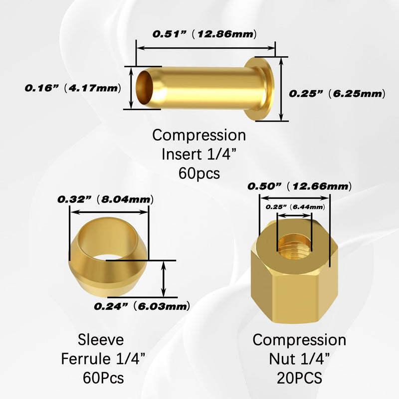140PCS Compression Fittings Assortment kit - 1/4" of Brass Compression Sleeve Ferrule, Insert and Nuts,Used to Connect Lines for Air,Water,Fuel,Oil and Inert Gases 140pcs-1/4" Kit