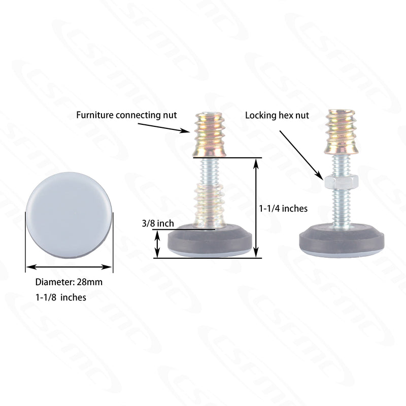Furniture Leveler PTFE(Teflon) Bottom(28mm Base 1/4-20,8 Pack),Threaded Shank Adjust Pads,Table/Chair/Cabinet/Sofa Medium Adjustable Legs Leveling,Nuts Installation and Floor Protection 28mm Base 1/4-20x1.5",8 Pack