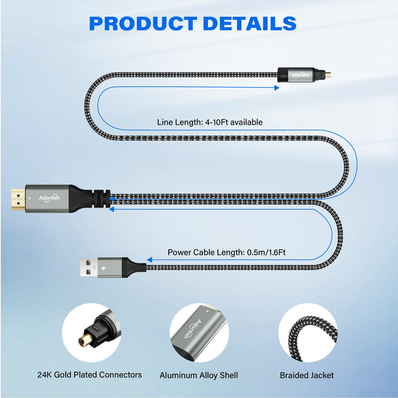 Unidirectional 192KHz HDMI ARC/eARC to Optical Toslink SPDIF Audio Extractor Splitter Converter Cable 6 Ft, USB Powered Digital Adapter for HDTV to Soundbar Home Theater Amplifier Old Speaker 6FT
