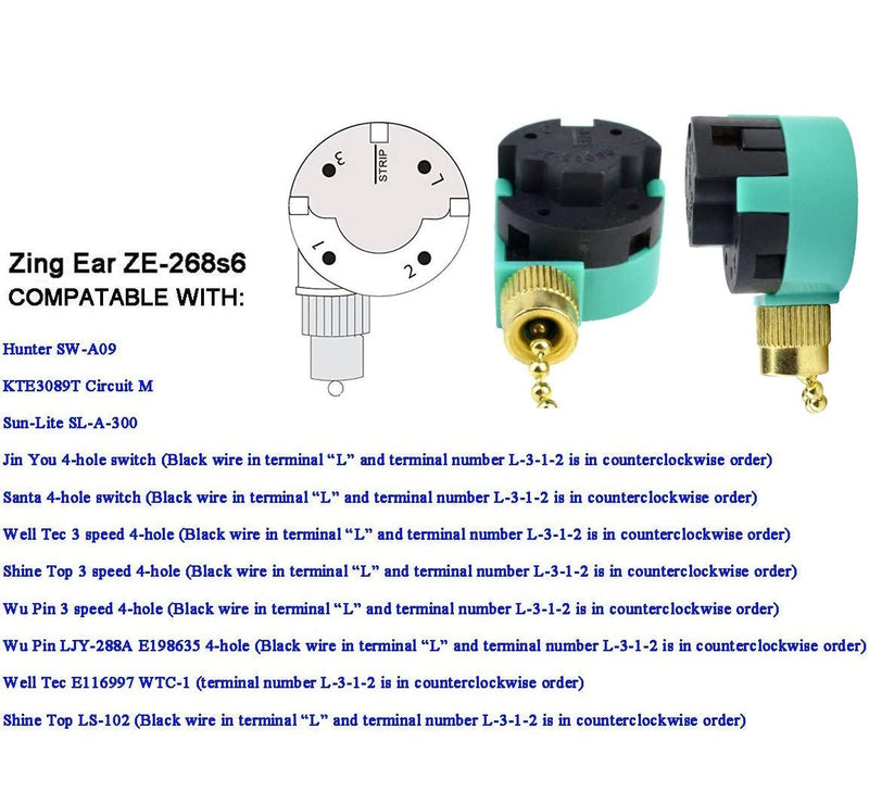 Ceiling Fan Switch ZE-268S6 3 Speed 4 Wire Bronze Zing Ear For Ceiling Light Fans Lamps and Wall Lights Pull Chain Switch Replacement On-Off with Pull Chain,1 Pack