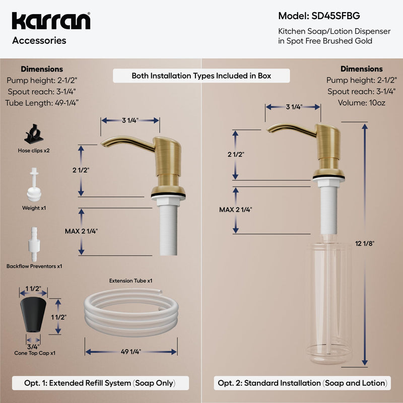 Karran SD45 Kitchen Soap Dispenser, Built-in Countertop Soap/Lotion Pump with 47" Extension Tube for Large Bottles, Dual Refill System, Commercial-Grade Durability (Spot Free Brushed Gold) Spot Free Brushed Gold