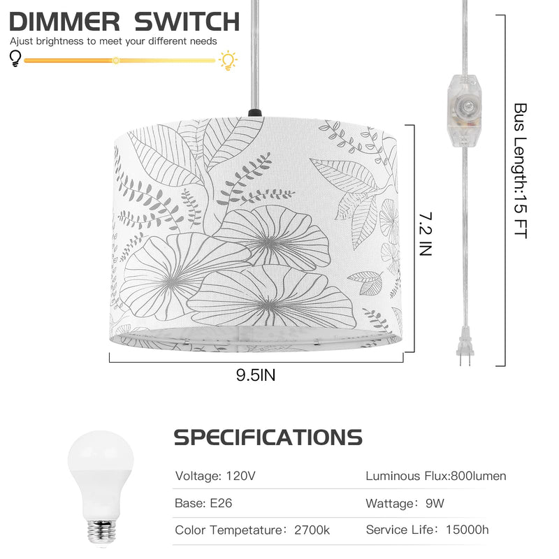 Plug in Pendant Light, Hanging Light with Plug in Cord with Dimmable Switch, Hanging Lamp with 15 ft Clear Cord, Pendant Light Fixture for Bedroom Kitchen Island (Bulb Included) Flower