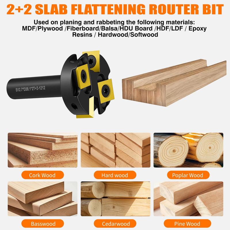 Surfacing Flattening Router Bit,1/2" Shank 1-1/2" Cutting Diameter,2+2 Replaceable Inserts with 10 Extra Blades,2+2 Flute Slab Flattening & Planing for Woodworking S12.7*D38.1