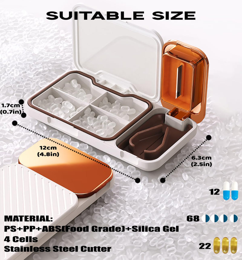MURRI&MURRDI Pill Organizer with Pill Splitter Cutter, 4 Compartments Small Portable Medicine Case for Purse Pocket, Pill Vitamin Dispenser Holder, White D White 4 Cells