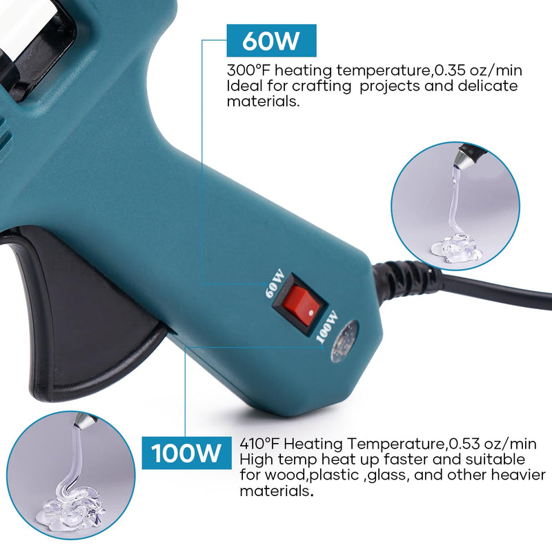 Fireproof Hot Glue Gun, 60/100W Dual Power Full Size Glue Gun with 15pcs Big Glue Sticks (7/16"), Fast Preheating Hot Glue Gun Kit for Crafting, Arts, DIY and Quick Home Repairs (60/100w)
