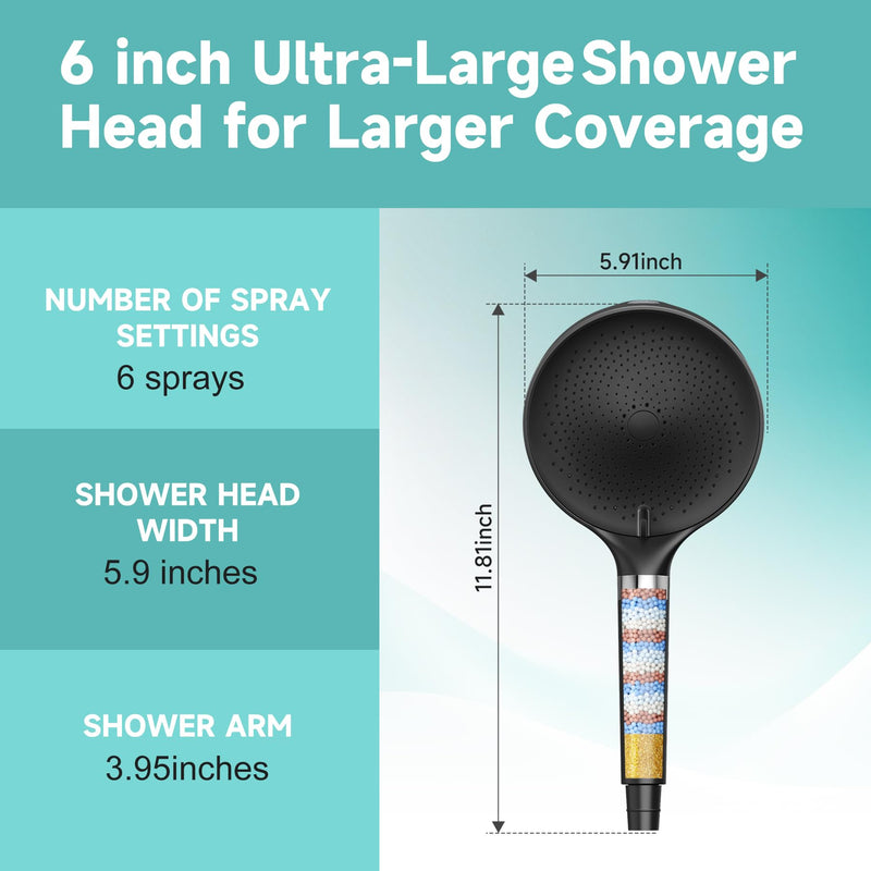 6“ Filtered Shower Head with Handheld, 6-Spray High Pressure Shower Head with Filter for Hard Water, Detachable Handheld Showerhead with Hose and Shower Arm Bracket, Matte Black Luxury Modern