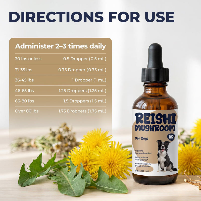 Reishi Mushroom Drops for Dogs, Dog Mushroom Supplement for Immune Support & Daily Wellness, Liquid Reishi Extract for Senior Dogs, Energy, Balance & Long-Term Support, 2 fl oz