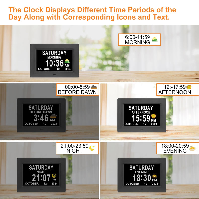Digital Calendar Dementia Alarm Clock with Day and Date for Elderly - 15 Alarms 5 Colors Display Large Display Alzheimers Clock Large Digital Clock for Seniors (7in Black) 7''black