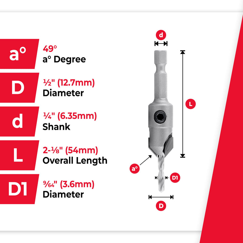 Amana Tool Carbide Tipped 82 Degree Countersink Drill Bit, 55268, 1/2 D x 49 Deg x 1/4 Quick Release Hex Shank for Wood Screw 12