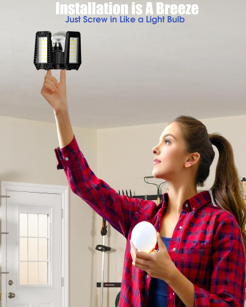 Garage Light 2 Pack - 120W 12000LM 6500K LED Garage Lights, Screw in Garage Lights Ceiling Led with 4+1 Deformable Panels, Lighting for Garage, Workshop, Barn, Basement Storage Room