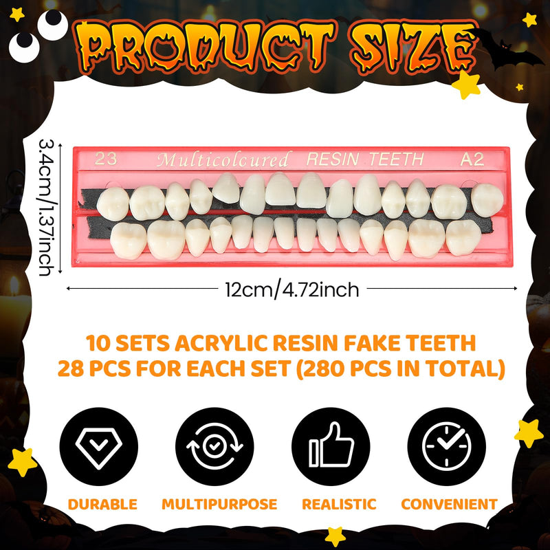 Nuanchu 280 Pcs False Teeth Acrylic Resin Denture Replacement Fake Teeth 10 Sets Denture Tooth Kit Upper Lower Dental Materials 23 A2 for Halloween DIY Dental Education Teeth Teaching Model