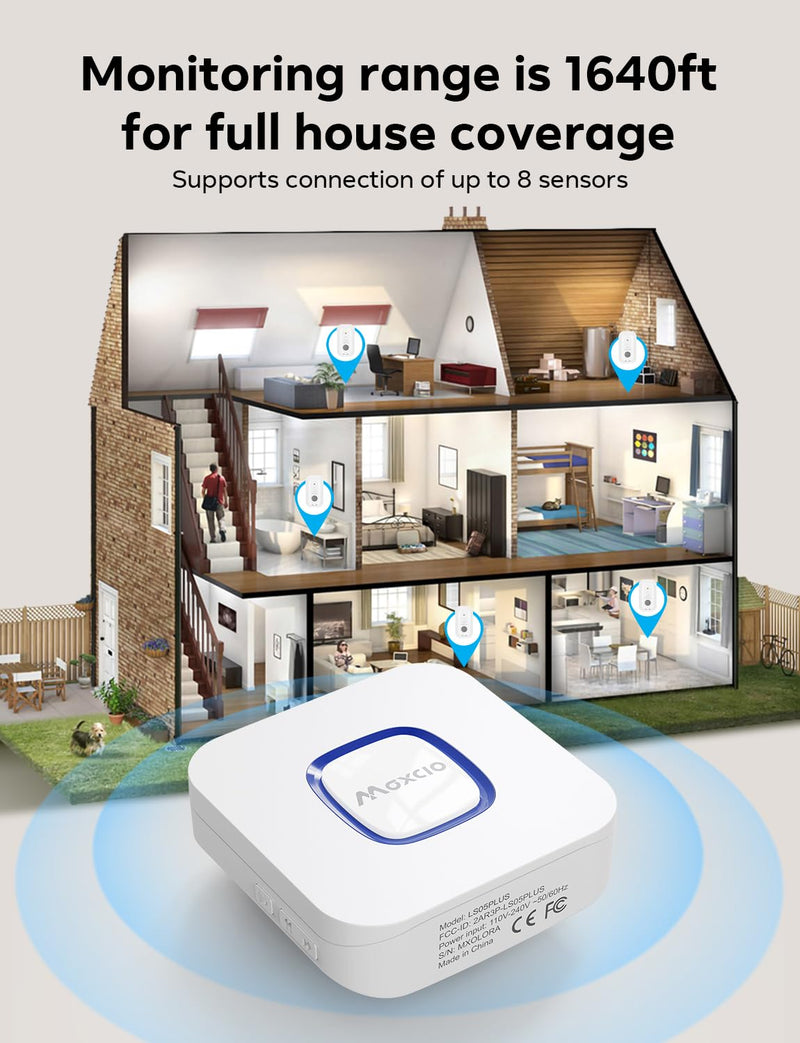MAXCIO Wi-Fi Water Leak Detector 4 Pack, Smart Water Sensor with 110dB Adjustable Alarm, APP, SMS, Phone Notifications, 1640ft Transmission Range, Suitable for Basement, Bathroom, and Kitchen 4 sensor + Gateway