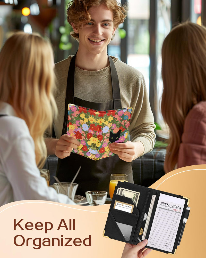Slohif Server Book for Waitress Cute Serving Books with Zipper Pocket Accessories Leather Server Check Book Restaurant Waiter Server Booklet Organizer Ticket Book Holder Cat Black Black cat