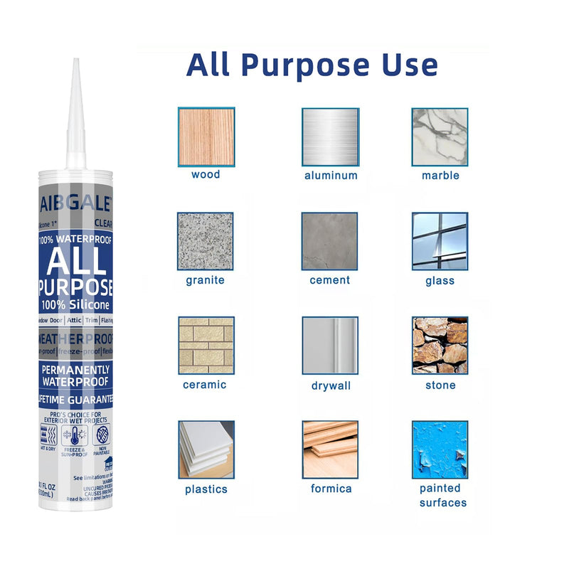 Clear Silicone Sealant, All-Purpose 100% Waterproof Silicone Caulk, Adhesive Caulking Tool for Indoor & Outdoor Windows, Aquarium, Bathroom Auto Leak Seal, 10.1 oz Cartridge, 1 Packs (1)