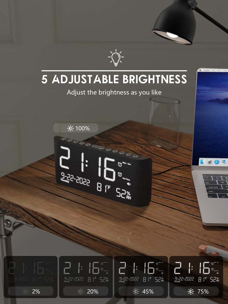 Wooden Digital Alarm Clocks for Bedrooms, Bedside Desk Clock with Day and Date, USB Charging Port, Temperature & Humidity Detect, Weekday/Weekend Mode, Dual Alarm, 2-100% Brightness Dimmer, 12/24H Darkgray