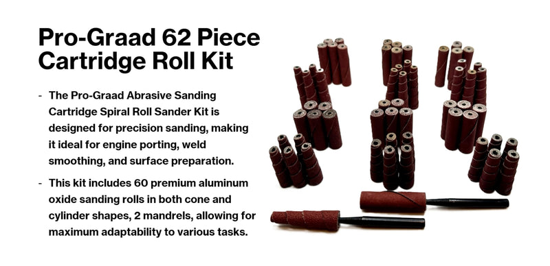 62 Piece Abrasive Sanding Cartridge Spiral Roll Sander Kit, Cone & Cylinder Set for Metal, Wood, Stainless, Fiberglass, Welds, Engine & Head Porting – Die Grinder & Rotary Tool Accessories