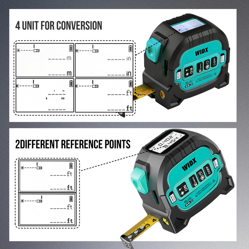 WIDX 3-in-1 Laser Tape Measure with Cross Line, 196ft Laser Rangefinder & 16ft Auto-Lock Tape Measure with Magnet, Laser Measuring Tape for in/Ft/M/Ft+n Unit, Linear/Area/Volume