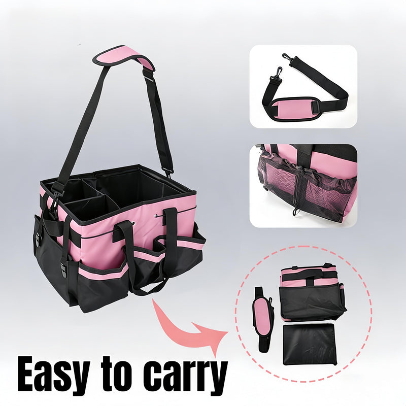 Tool Organizer Tote Bag, Pink and Black, Large Capacity with Adjustable Compartments, Portable Cleaning Storage Caddy, 14.96x10.63x9.06 Inches