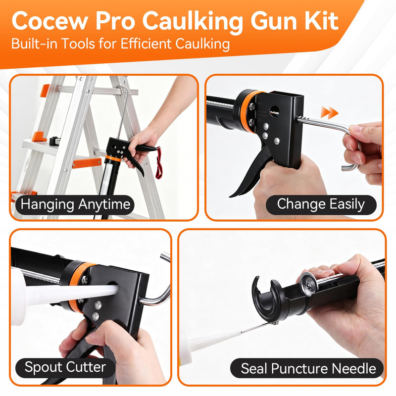 Caulk Gun Kit, Smooth Silicone Caulking Gun and Caulk Remover Tool, Sealant Finishing Tool Grout Scraper for Kitchen Bathroom Window Sink Joint, All in One with Gift Box Black