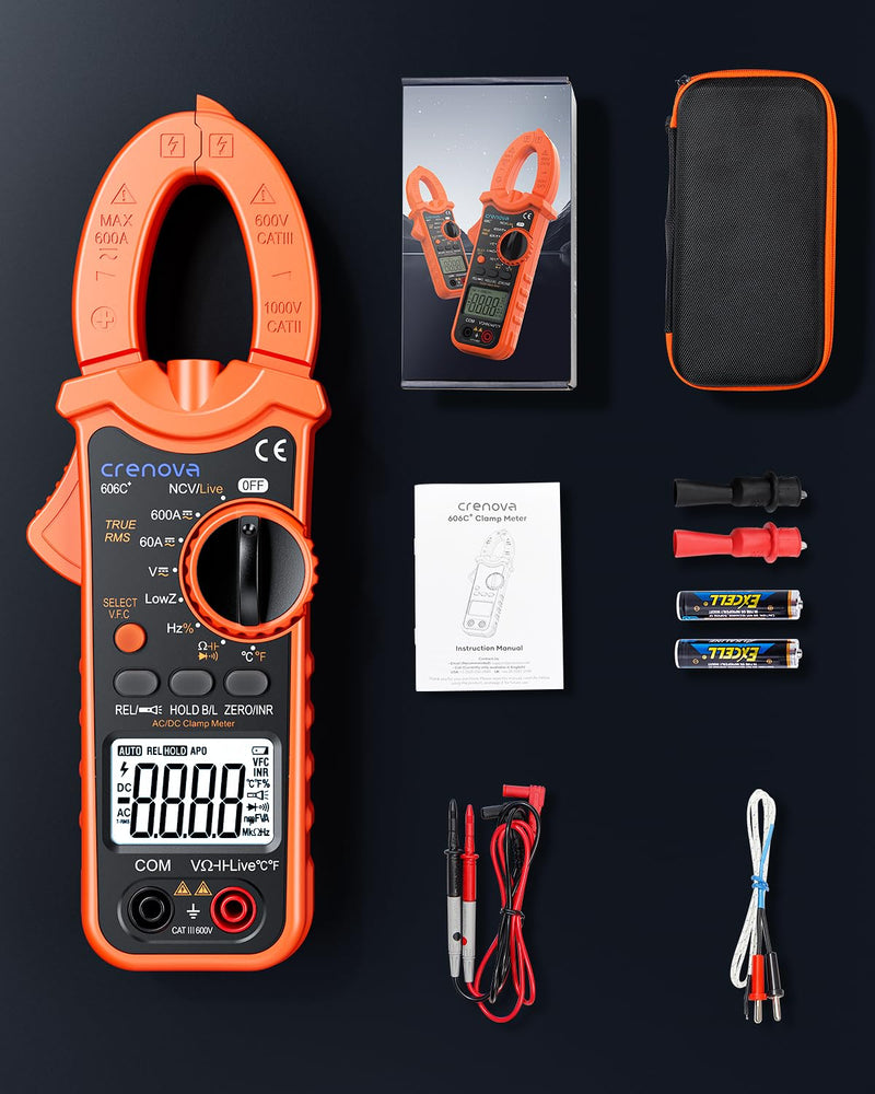 Crenova Digital Clamp Meter, TRMS Clamp Multimeter, 6000 Counts Amp Tester for AC/DC Current/Voltage, Resistance, Capacitance, Frequency, Duty Cycle, Temperature Continuity, Diode, NCV, Live Wire Test