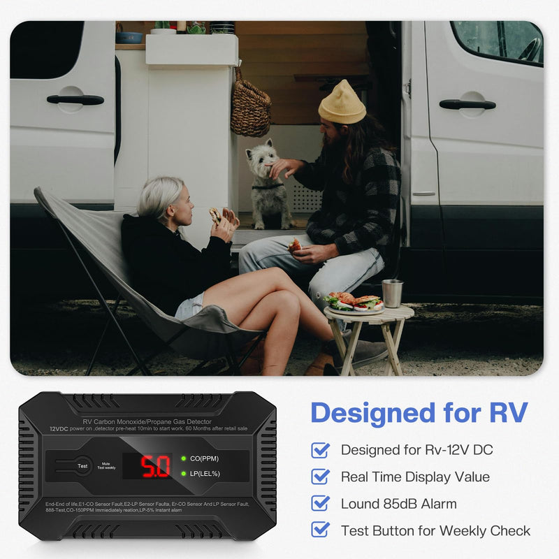 RV Carbon Monoxide and Propane Gas Detector, Dual LP/CO Gas Alarm with Separate LCD Indicator Lights, 85dB Loud Alarm, Carbon Monoxide Propane Gas Leak Detector for RV and Home Use-12V DC black