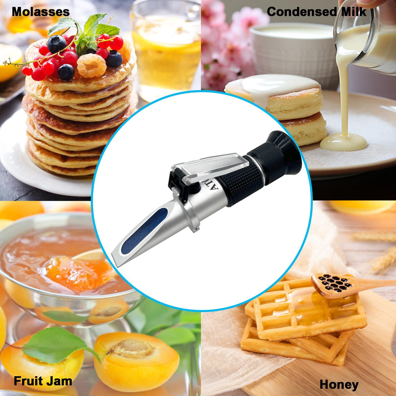 Honey Refractometer for Measruing Brix 58~90%, Honey Moisture 12~27%, Baume 38~43° Honey Moisture Tester 3 in 1 Refractometer for Honey Maple Syrup, Molasses, Fruit jam and Bee Keeping